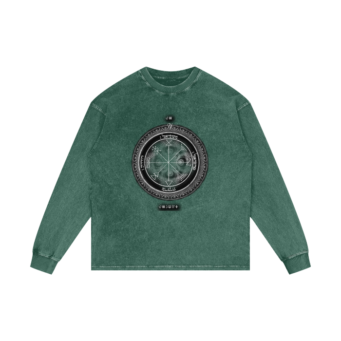 Distressed acid-wash oversized tee with 1st Pentacle of Jupiter wealth sigil print
