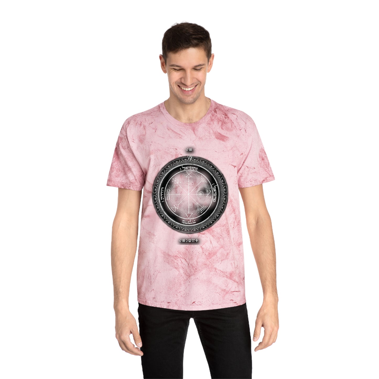 Person wearing 1st Pentacle Jupiter color blast tee at work or meditation