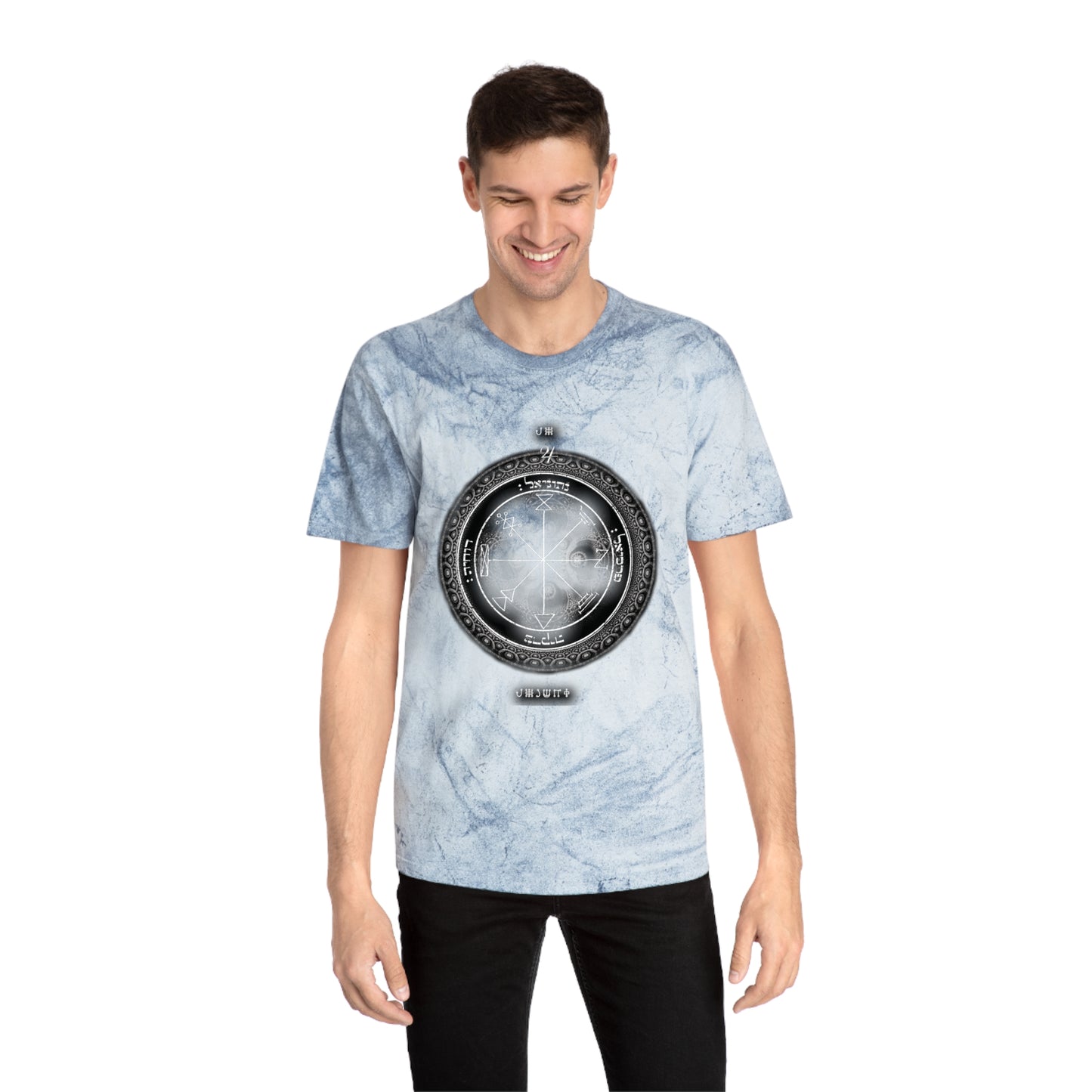 Person wearing 1st Pentacle Jupiter color blast tee at work or meditation