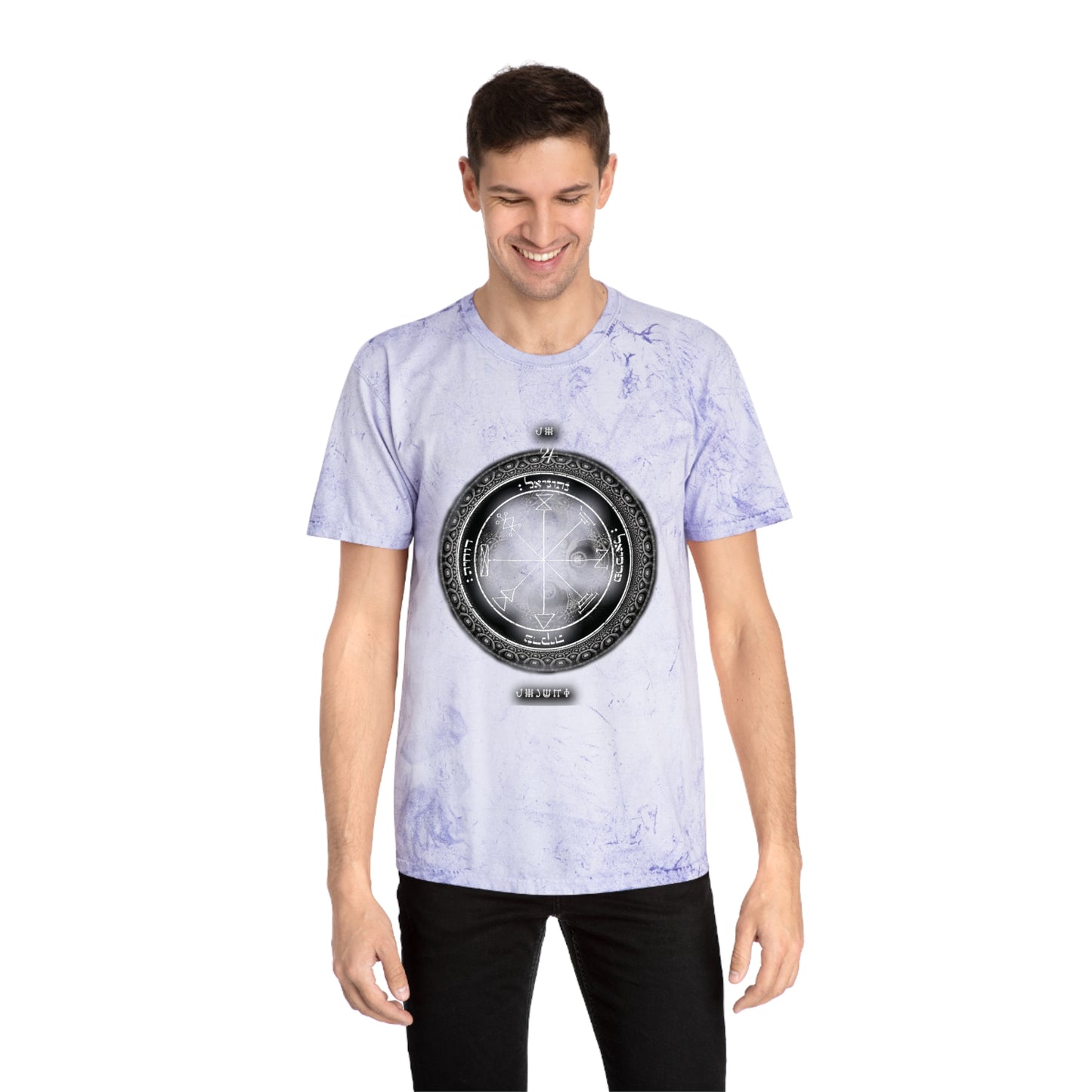 Person wearing 1st Pentacle Jupiter color blast tee at work or meditation