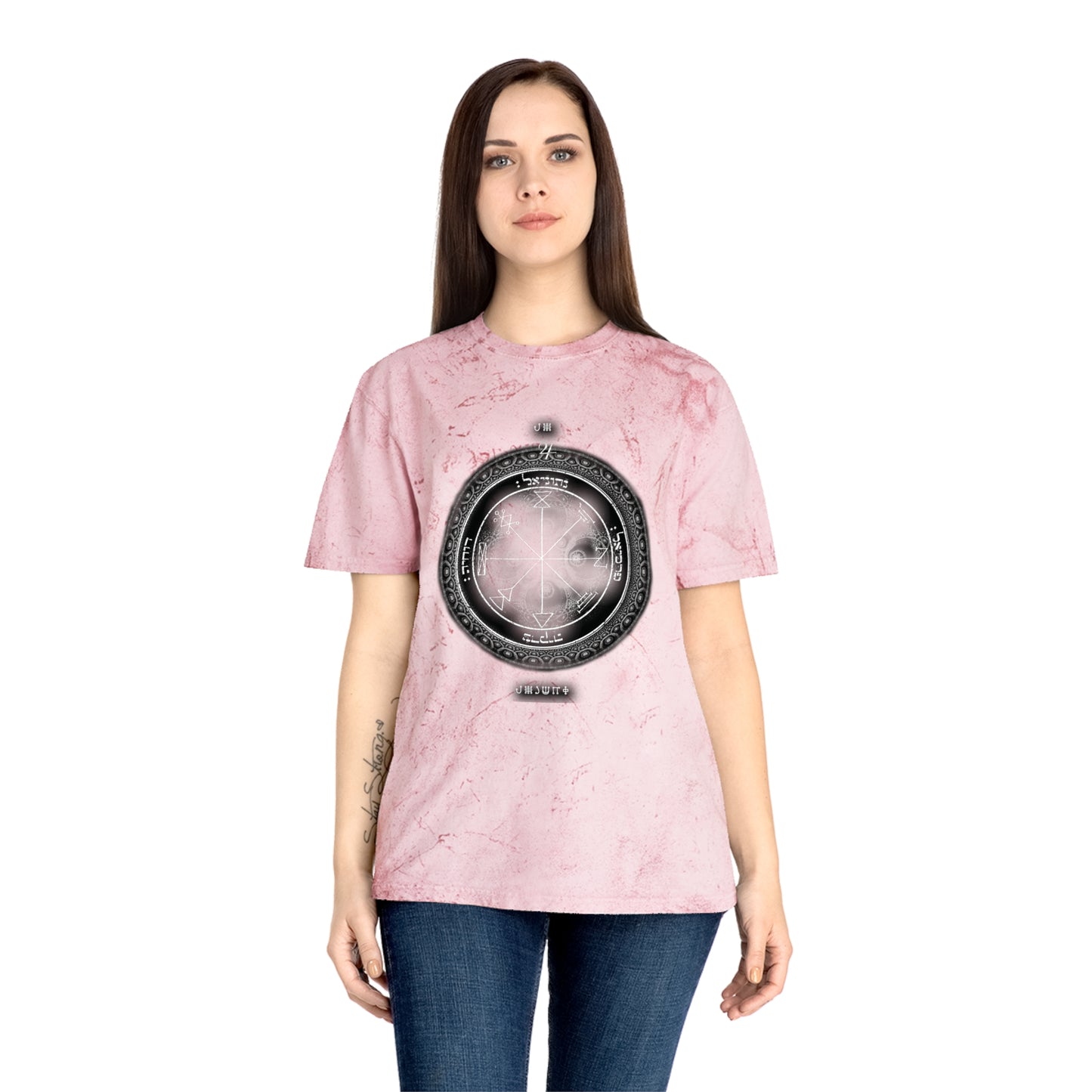 Person wearing 1st Pentacle Jupiter color blast tee at work or meditation