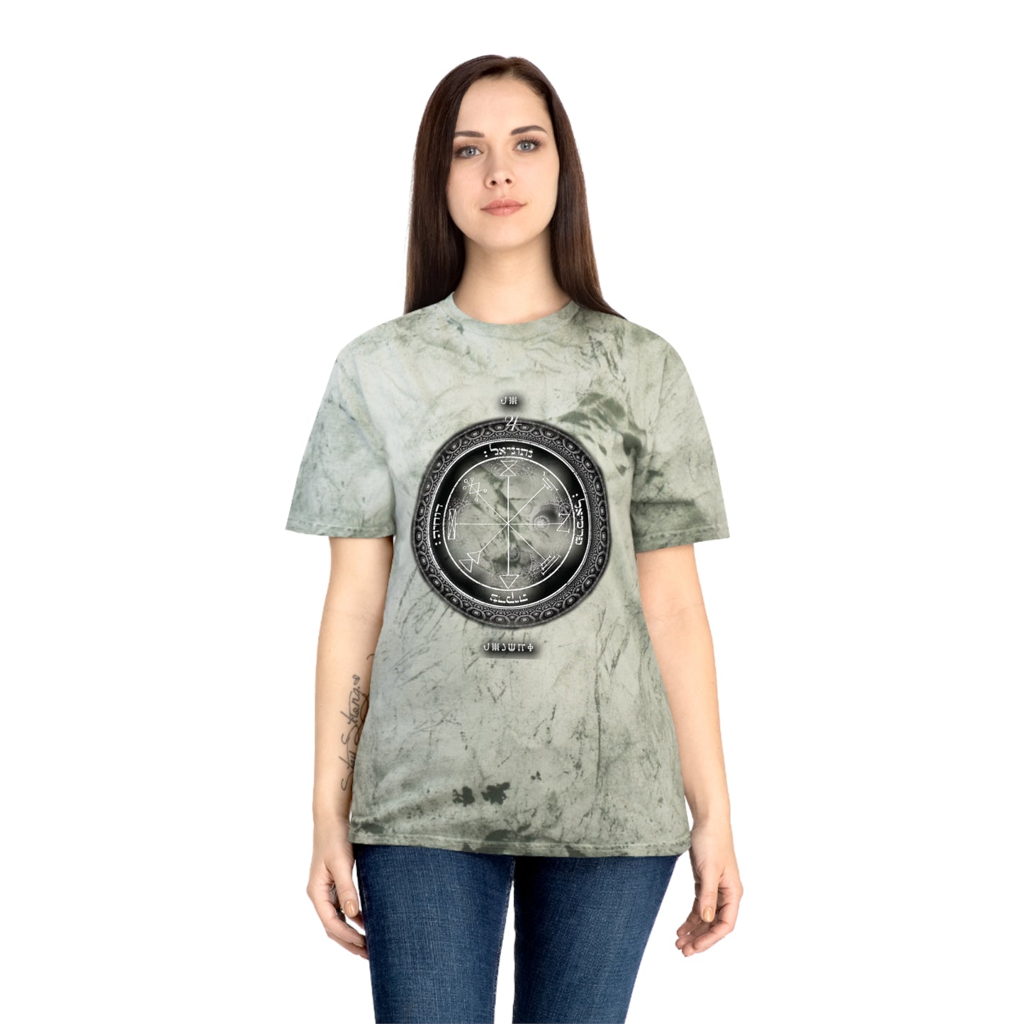 Person wearing 1st Pentacle Jupiter color blast tee at work or meditation