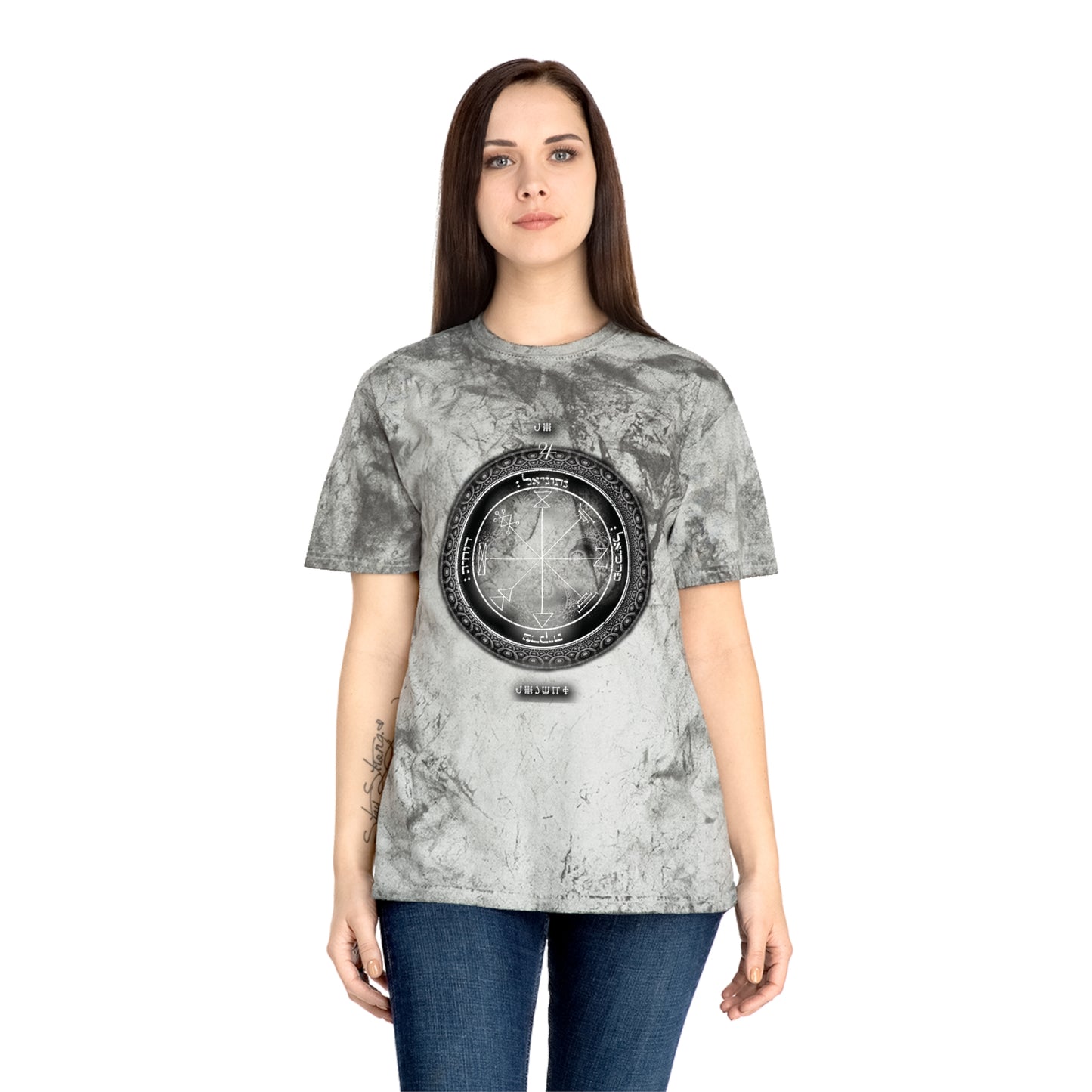 Person wearing 1st Pentacle Jupiter color blast tee at work or meditation
