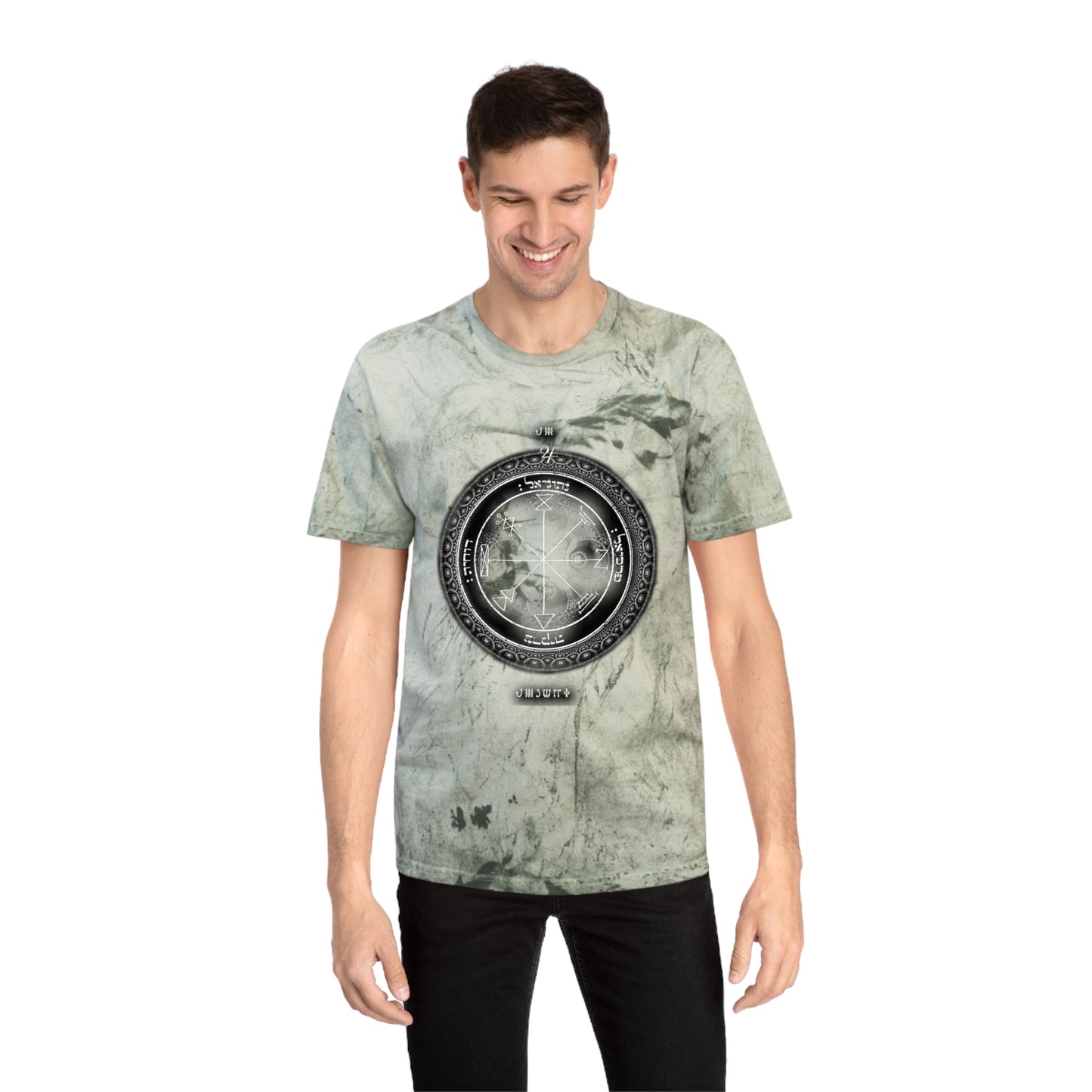 Person wearing 1st Pentacle Jupiter color blast tee at work or meditation