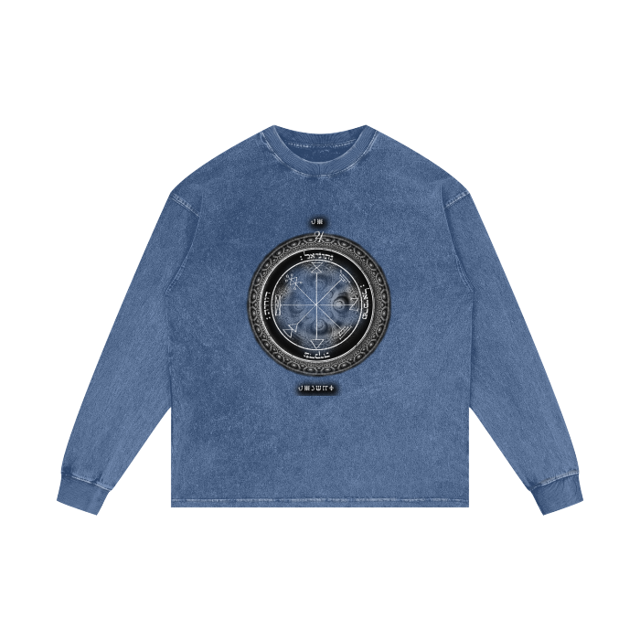 Distressed acid-wash oversized tee with 1st Pentacle of Jupiter wealth sigil print