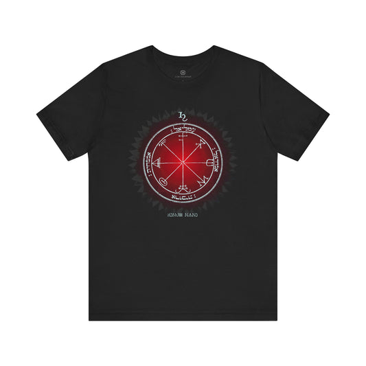 Black unisex t-shirt featuring the 3rd Pentacle of Saturn printed in red for spiritual protection