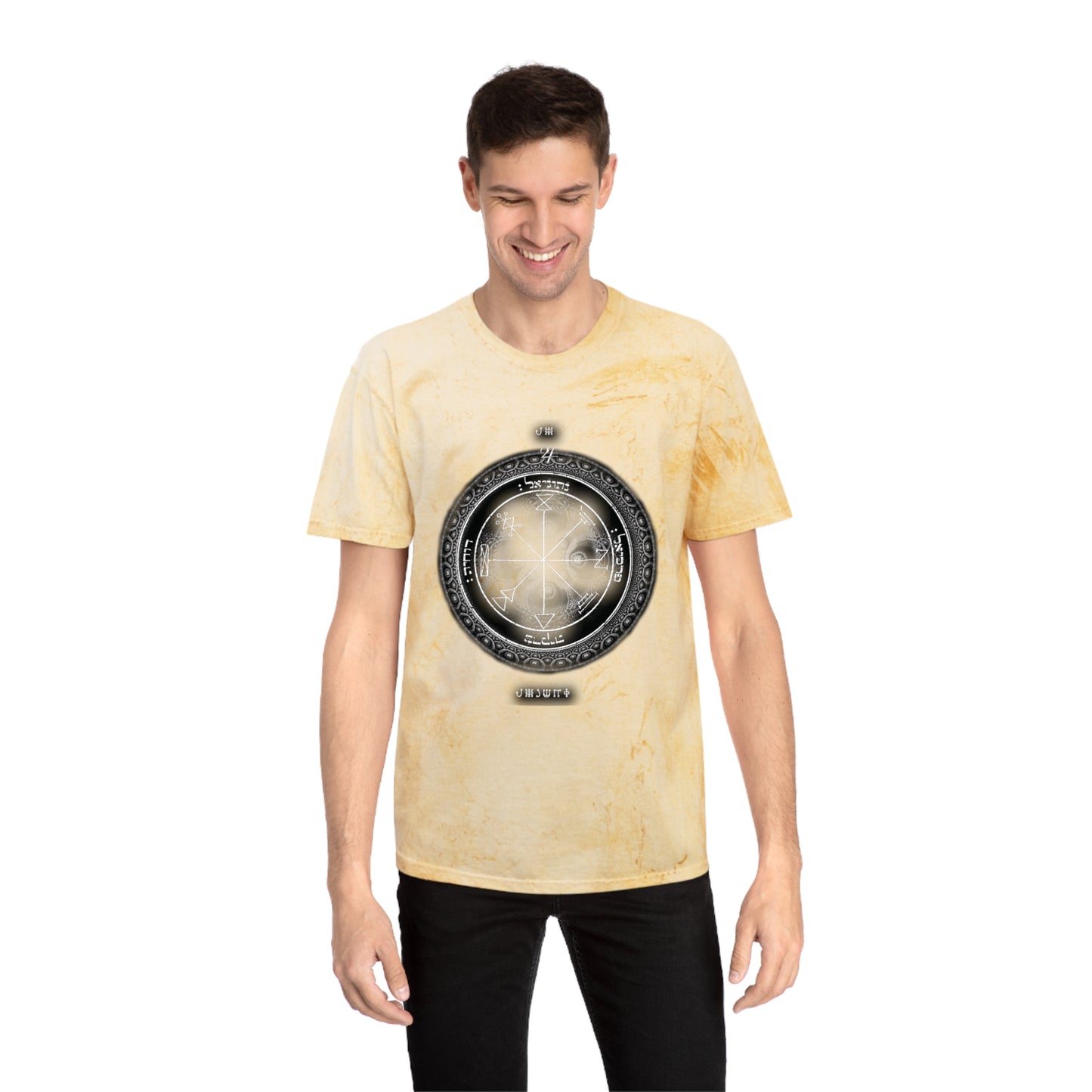 Person wearing 1st Pentacle Jupiter color blast tee at work or meditation