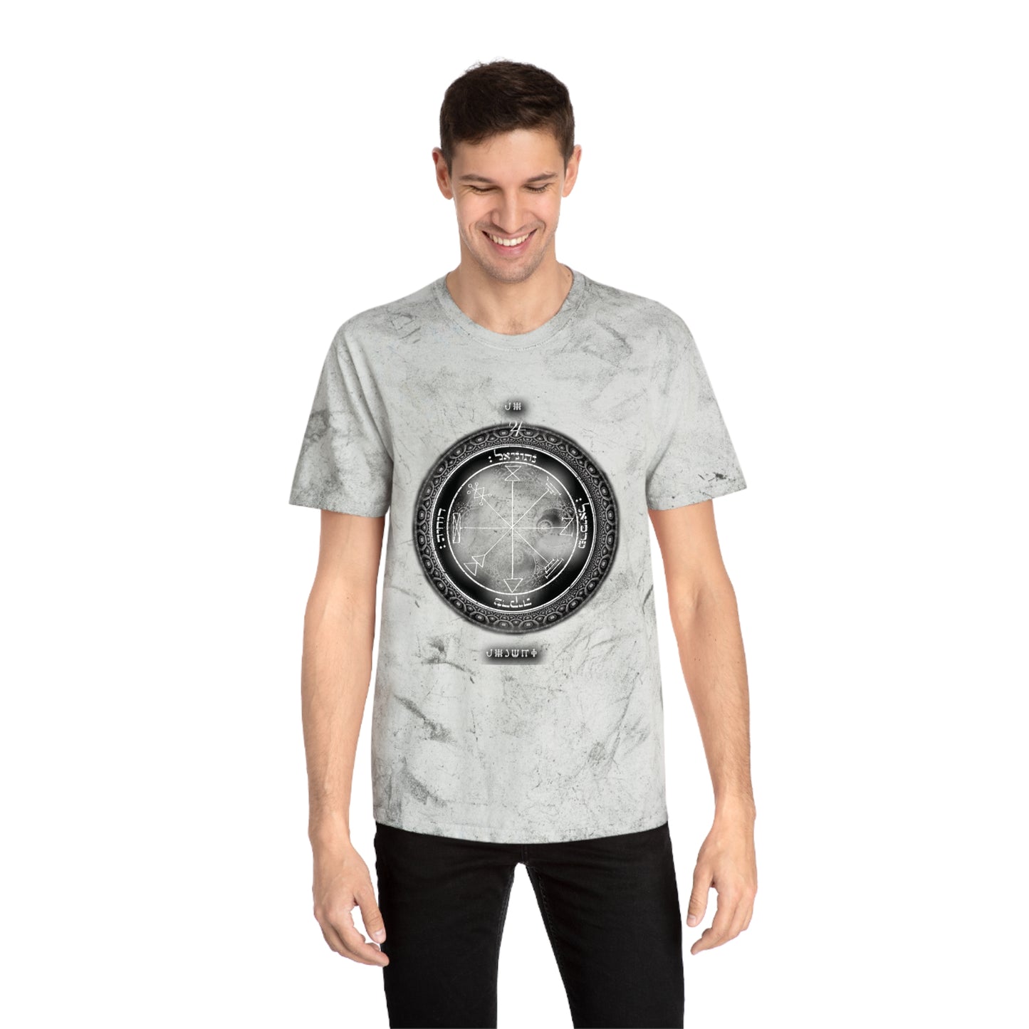 Person wearing 1st Pentacle Jupiter color blast tee at work or meditation
