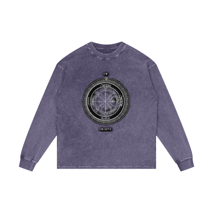 Distressed acid-wash oversized tee with 1st Pentacle of Jupiter wealth sigil print
