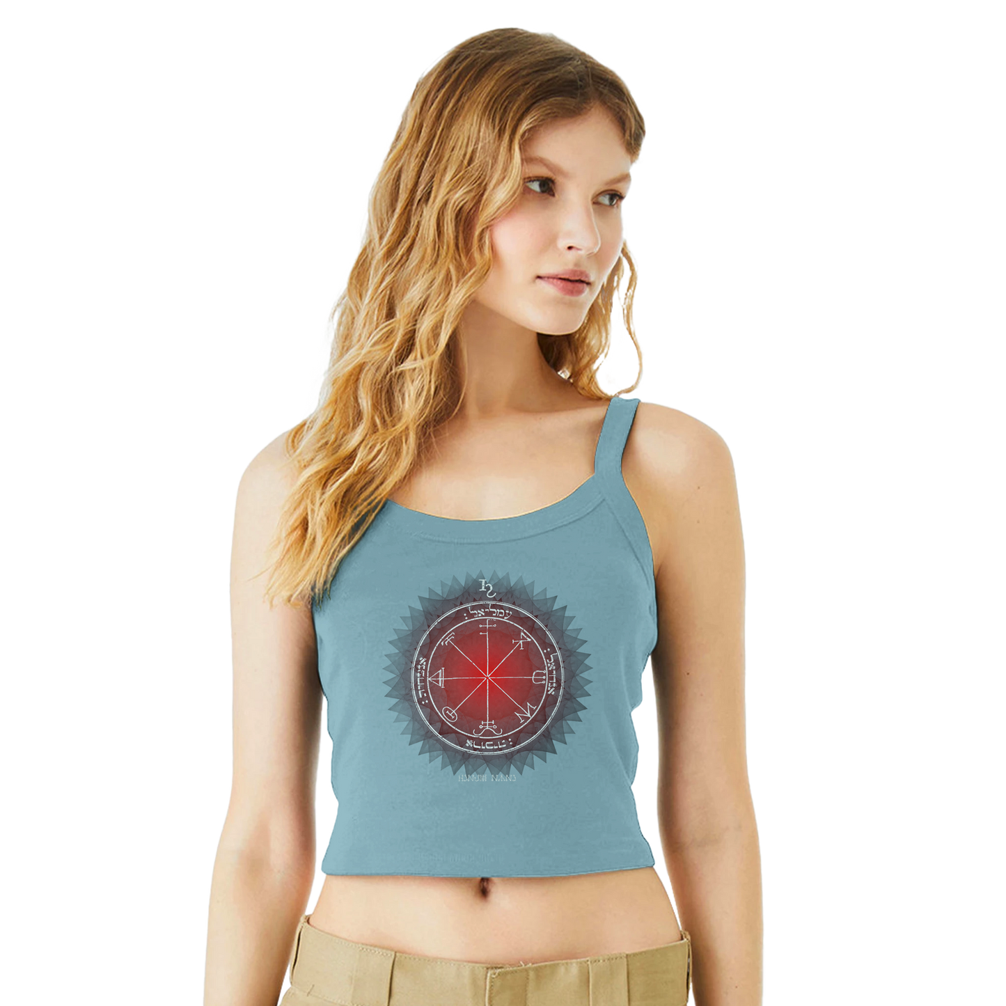 Woman wearing black Saturn protection sigil tank top