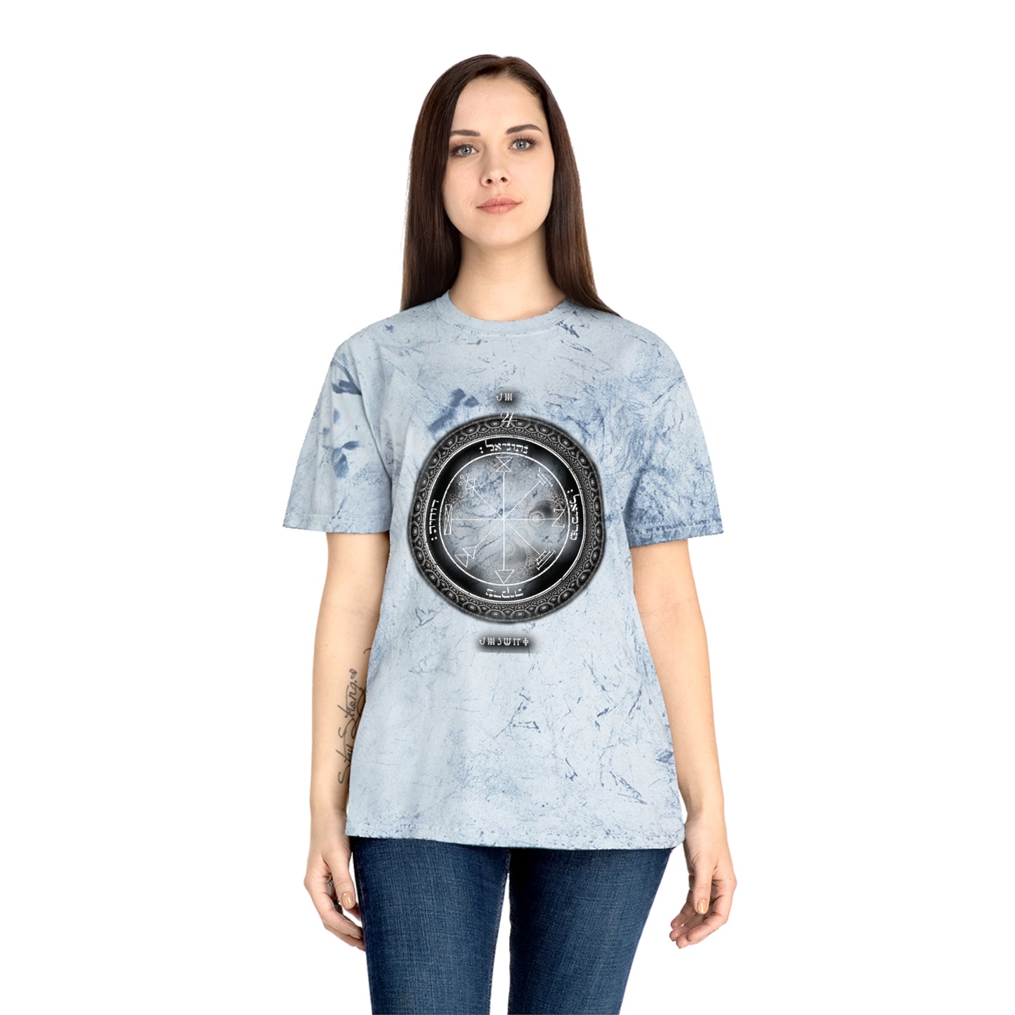 Person wearing 1st Pentacle Jupiter color blast tee at work or meditation