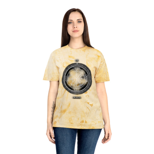 Person wearing 1st Pentacle Jupiter color blast tee at work or meditation