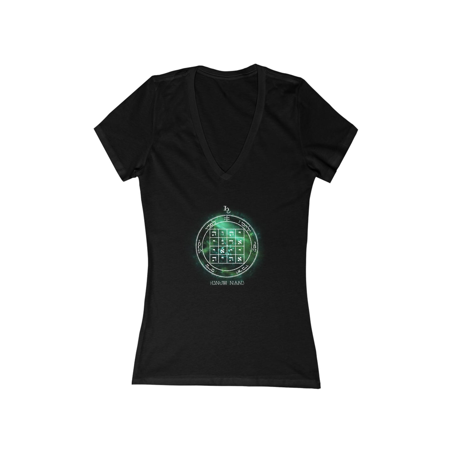 Deep V-neck jersey with 1st Pentacle of Saturn command sigil"