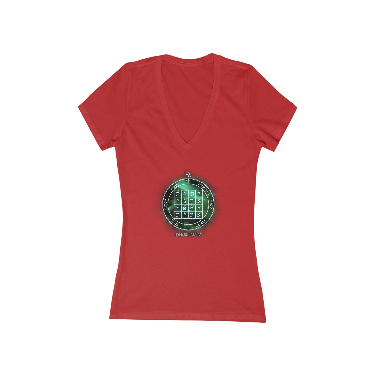 Deep V-neck jersey with 1st Pentacle of Saturn command sigil"