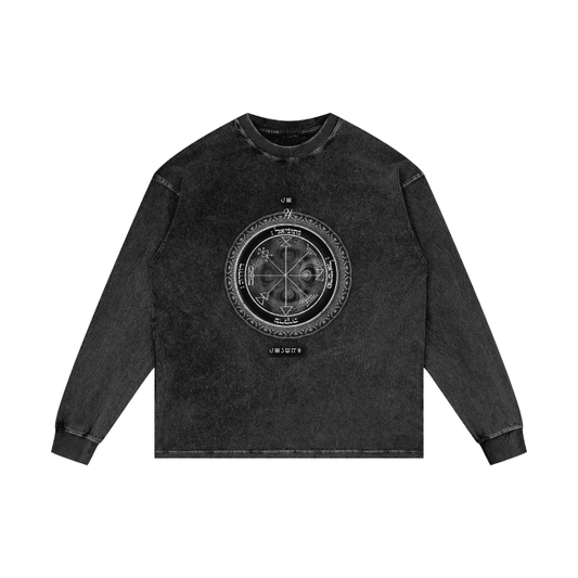Distressed acid-wash oversized tee with 1st Pentacle of Jupiter wealth sigil print