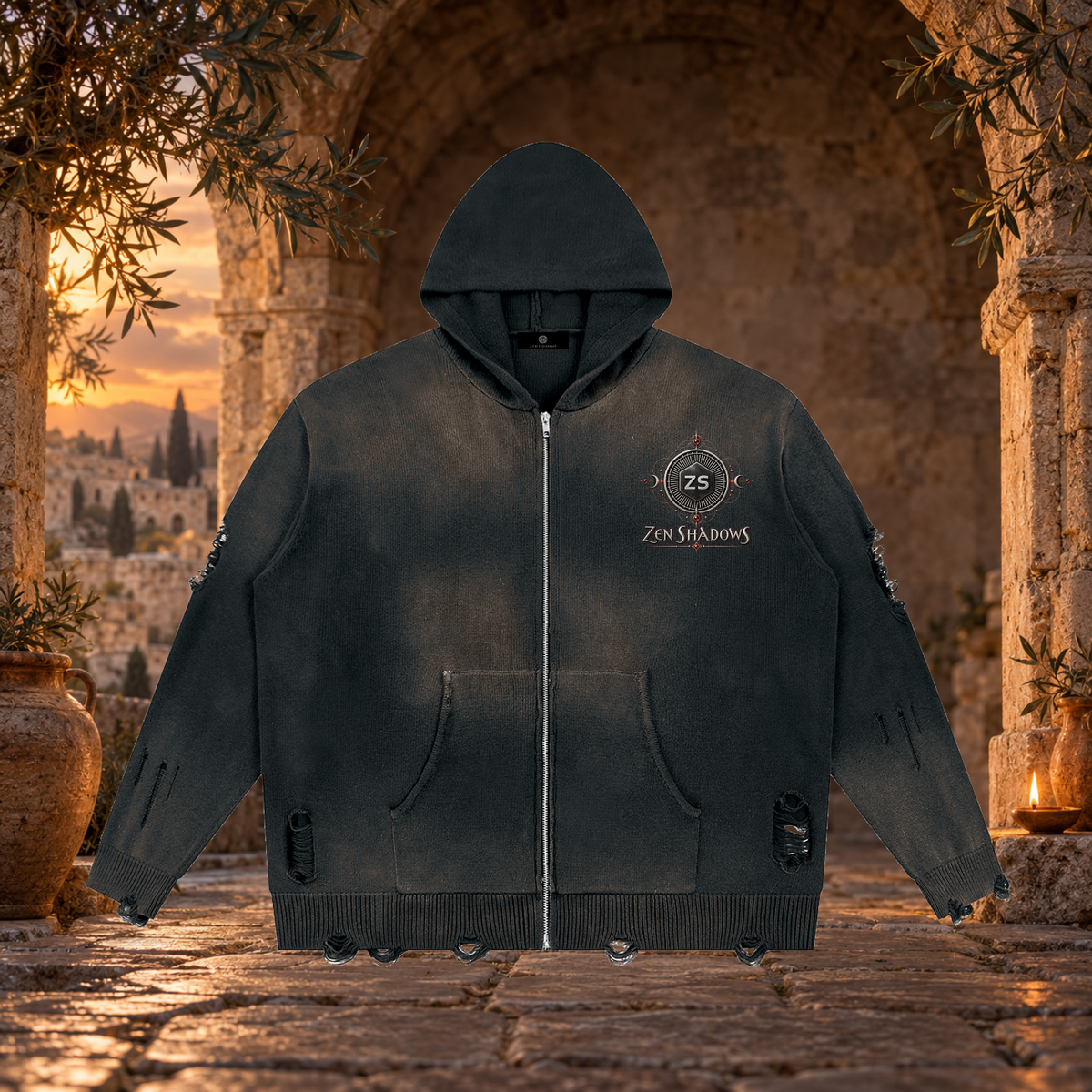 1st Pentacle of Jupiter Unisex Distressed Full Zip Sweater - Abundance, Expansion & Prosperity