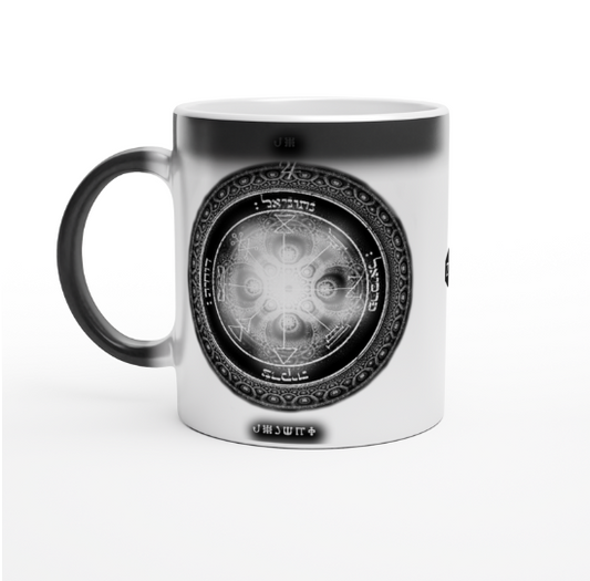 White ceramic mug with 1st Pentacle of Jupiter prosperity sigil print