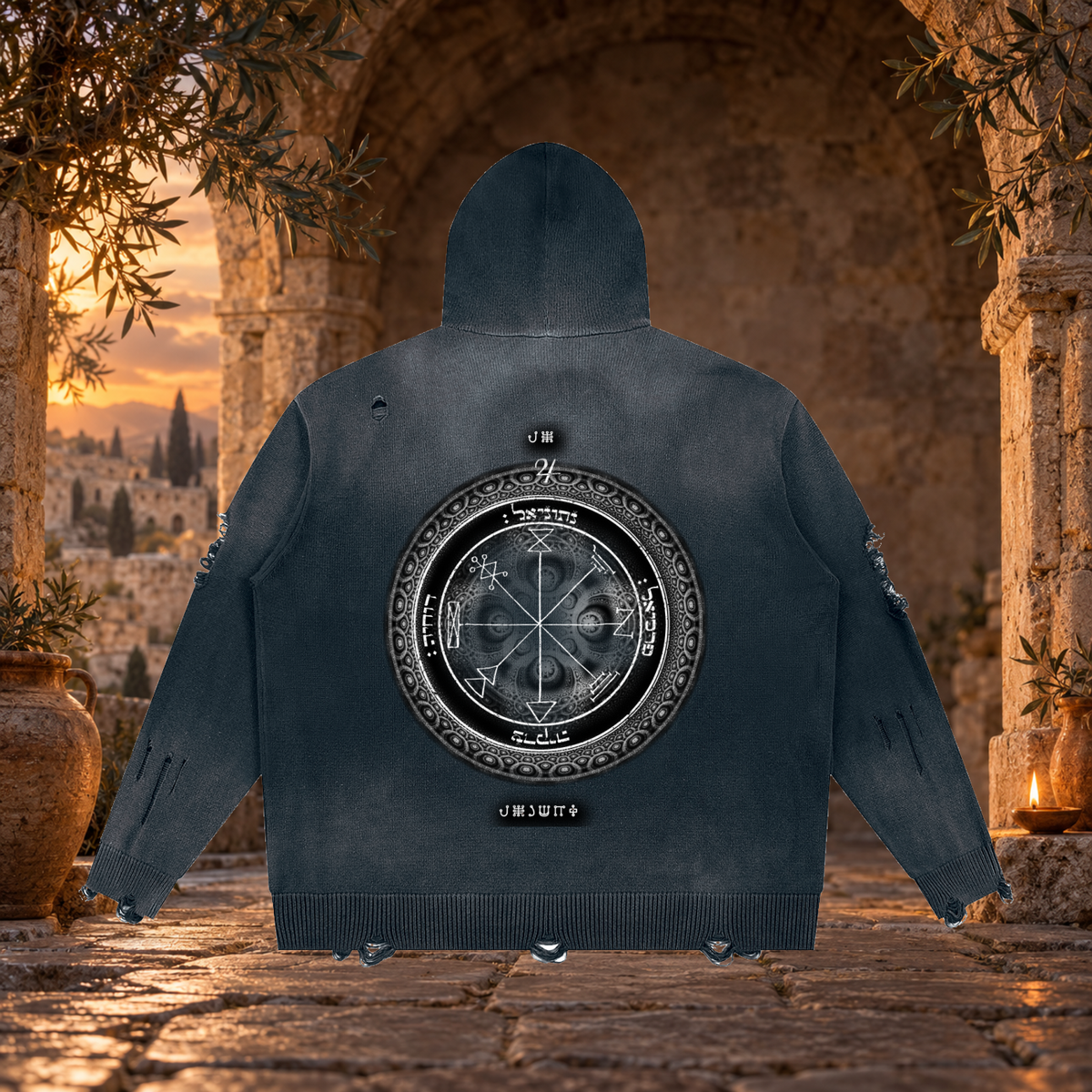 1st Pentacle of Jupiter Unisex Distressed Full Zip Sweater - Abundance, Expansion & Prosperity