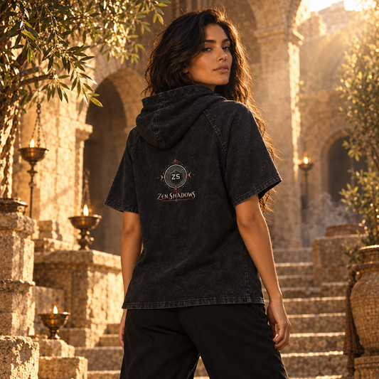 6th Pentacle of Jupiter Snow Washed Hooded Boxy T-Shirt — Protection from Material Dangers