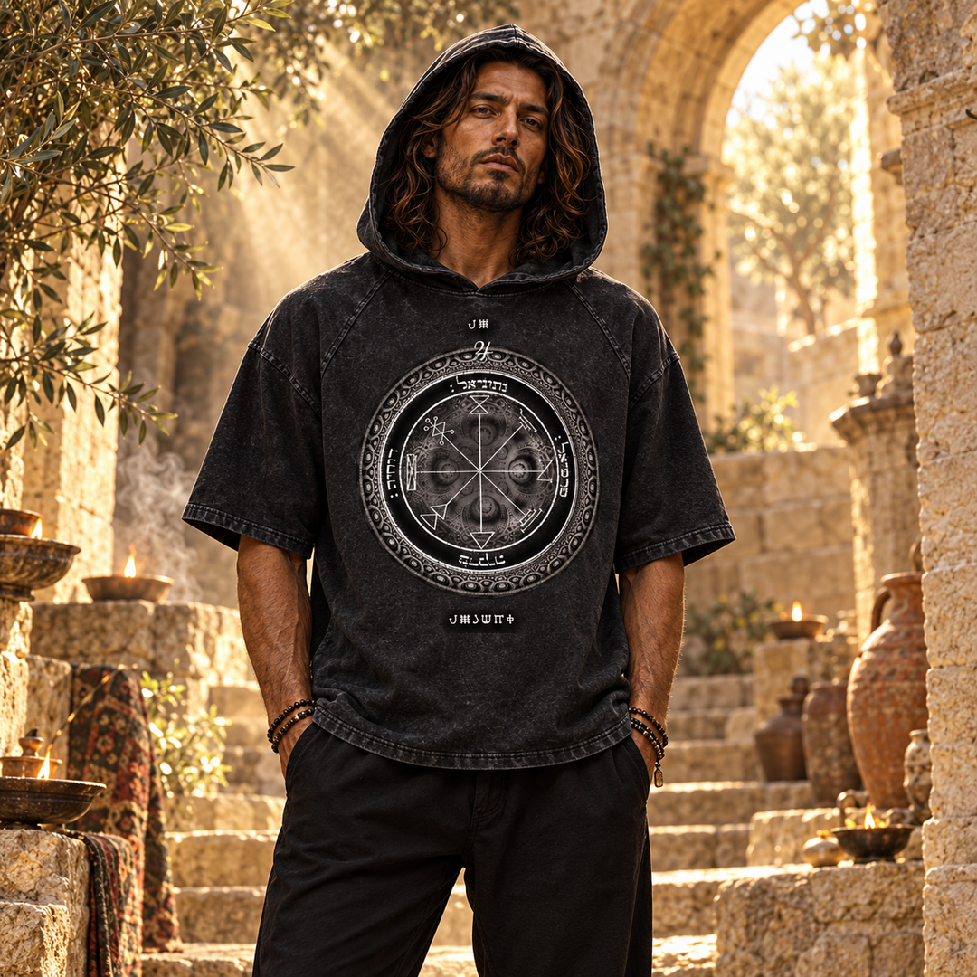 1st Pentacle of Jupiter Snow Washed Hooded Boxy T-Shirt - Abundance, Expansion & Prosperity