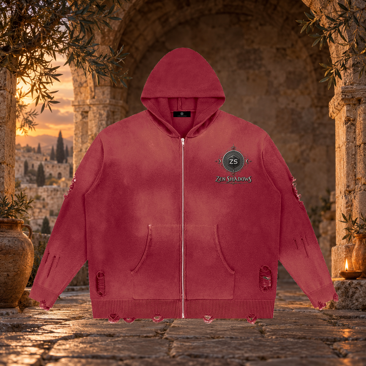 1st Pentacle of Jupiter Unisex Distressed Full Zip Sweater - Abundance, Expansion & Prosperity