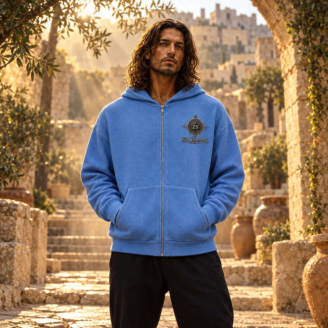 1st Pentacle of Saturn Unisex Mineral Wash Boxy Waffle Hoodie — Sovereignty and Inner Authority
