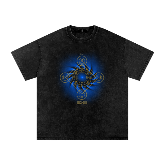 Earth Pentacle Unisex Snow Washed Streetwear Oversized Cotton T-Shirt - Grounding Spiritual Power into Material Reality