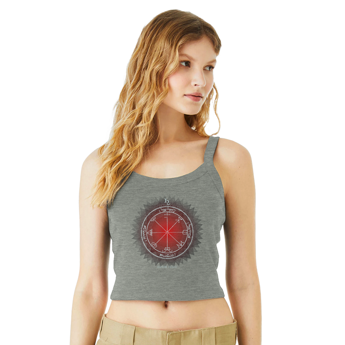 Woman wearing black Saturn protection sigil tank top
