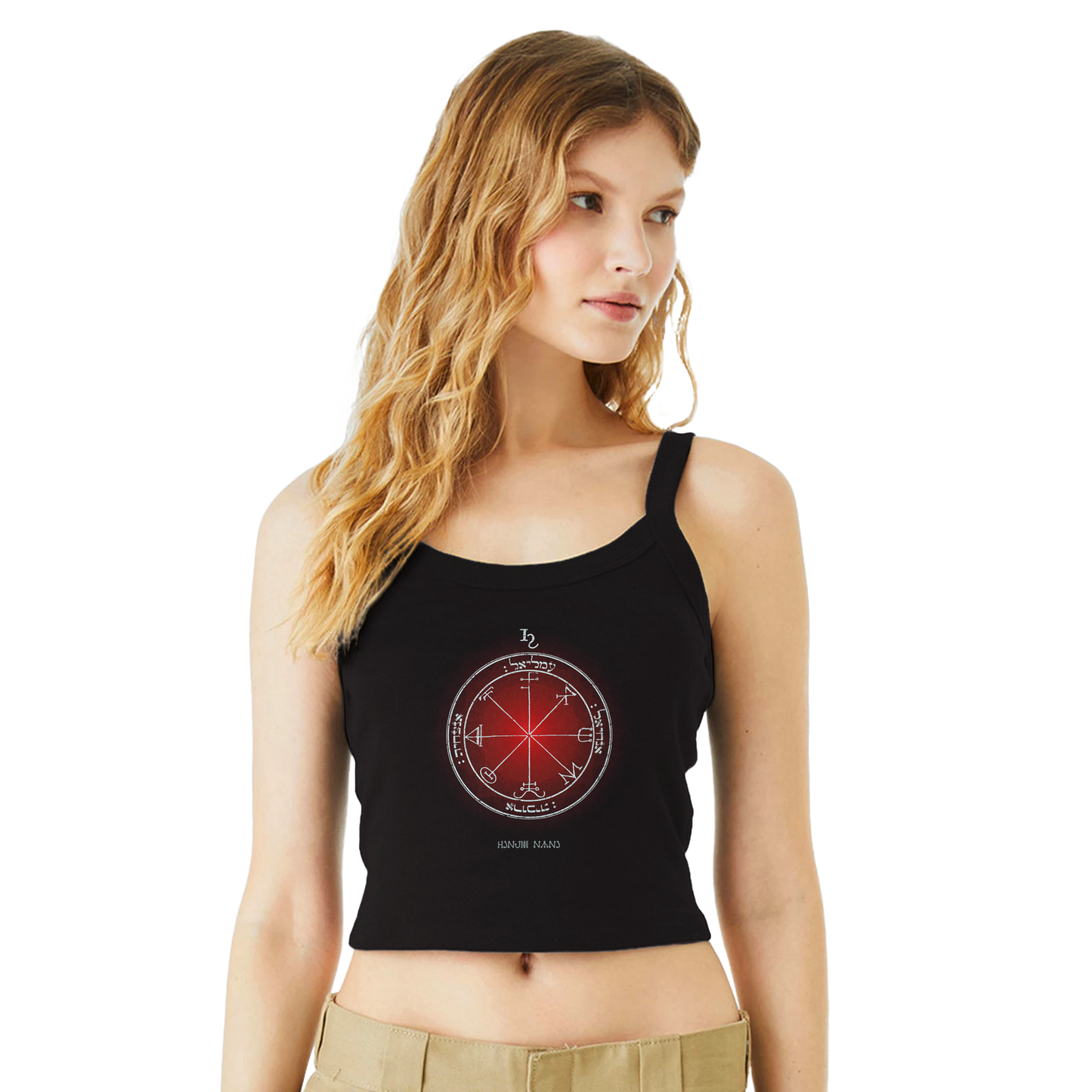 Woman wearing black Saturn protection sigil tank top