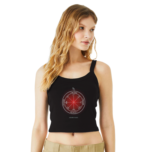 Woman wearing black Saturn protection sigil tank top