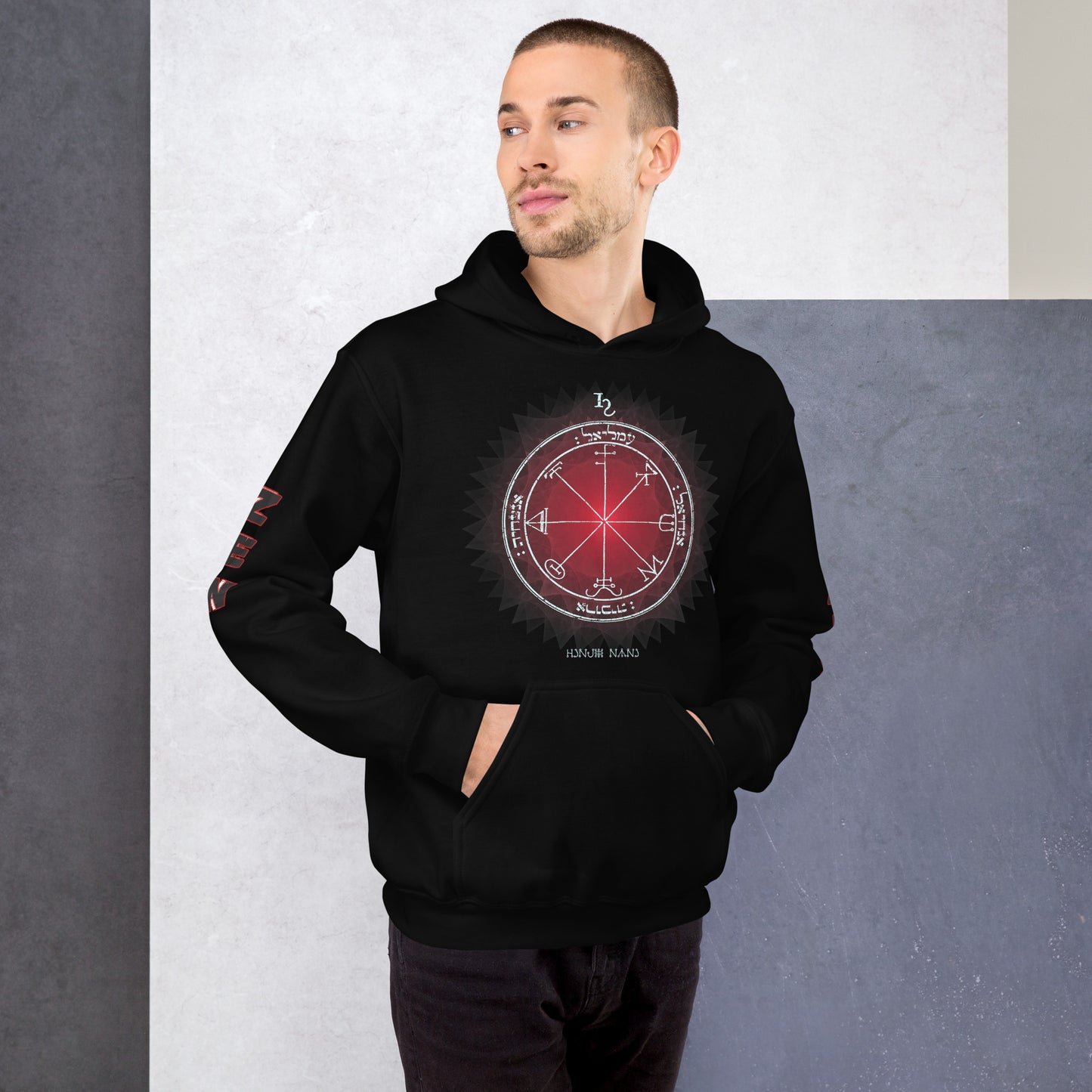 Person wearing 3rd Pentacle Saturn hoodie in city for energetic shielding
