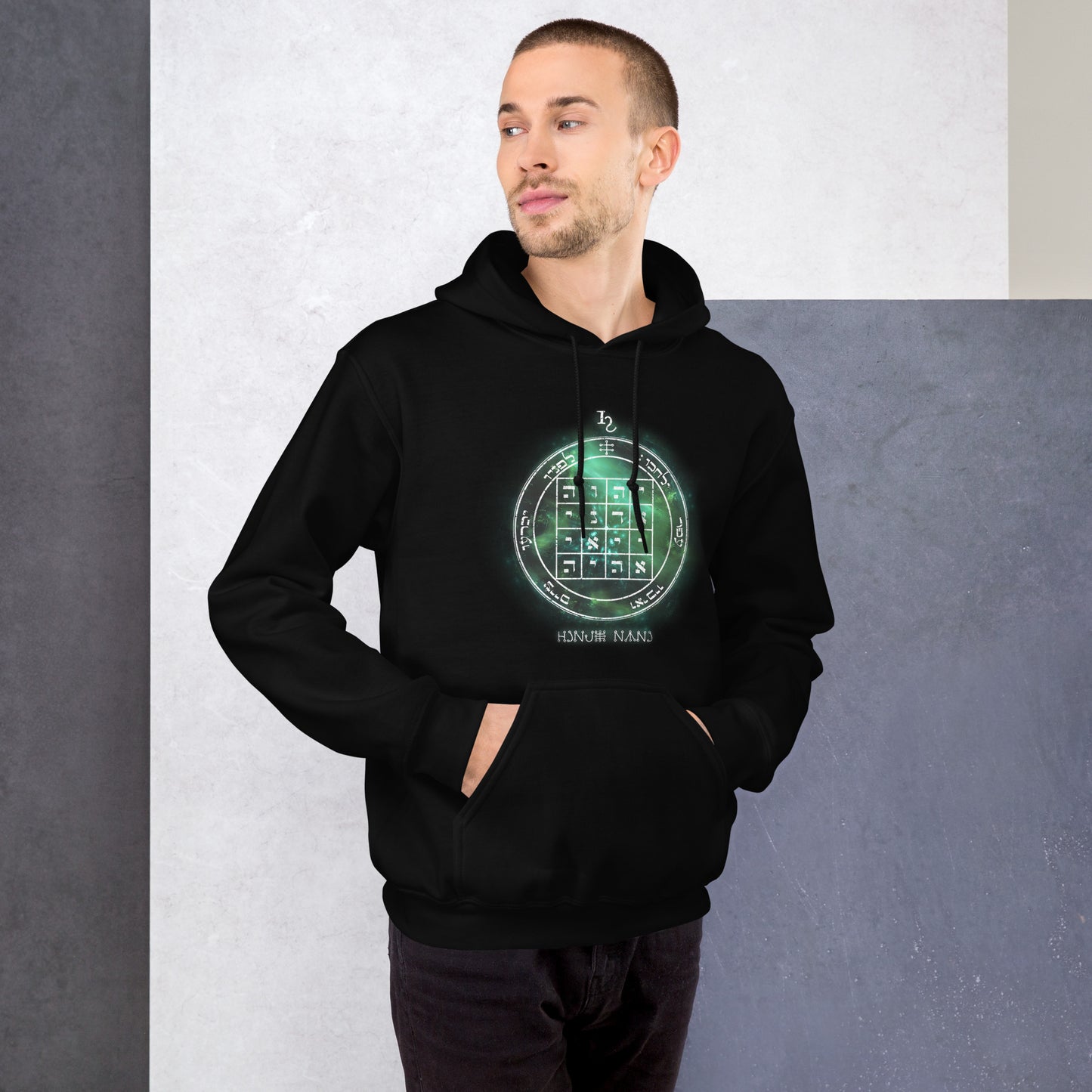 Heavyweight hoodie with printed 1st Pentacle of Saturn design