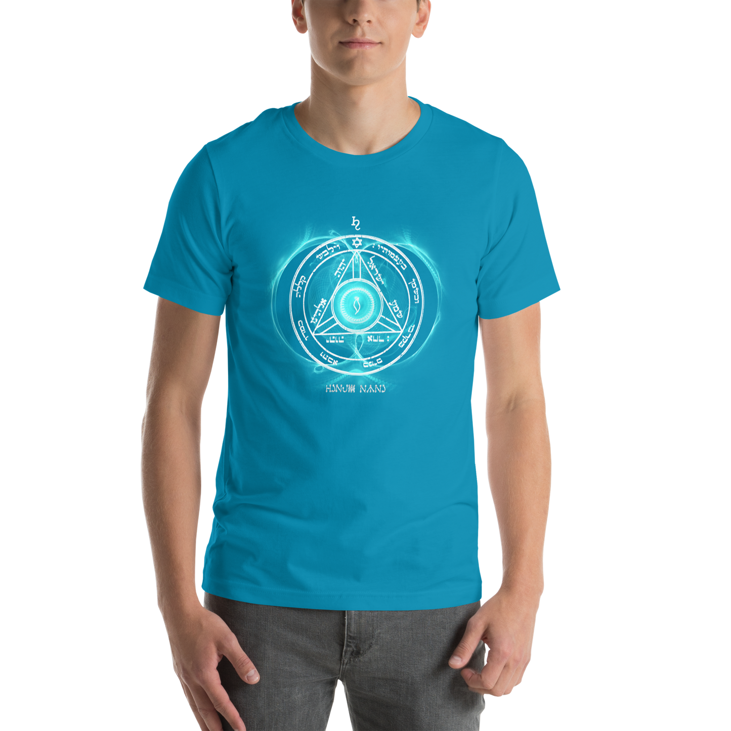 Unisex Saturn Sigil T-Shirt Worn in Urban Setting"