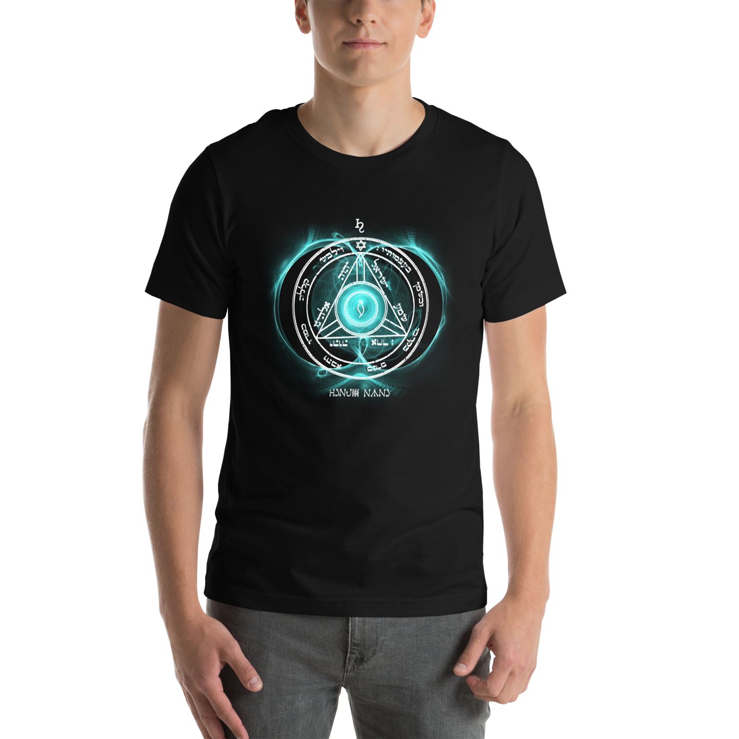Unisex Saturn Sigil T-Shirt Worn in Urban Setting"