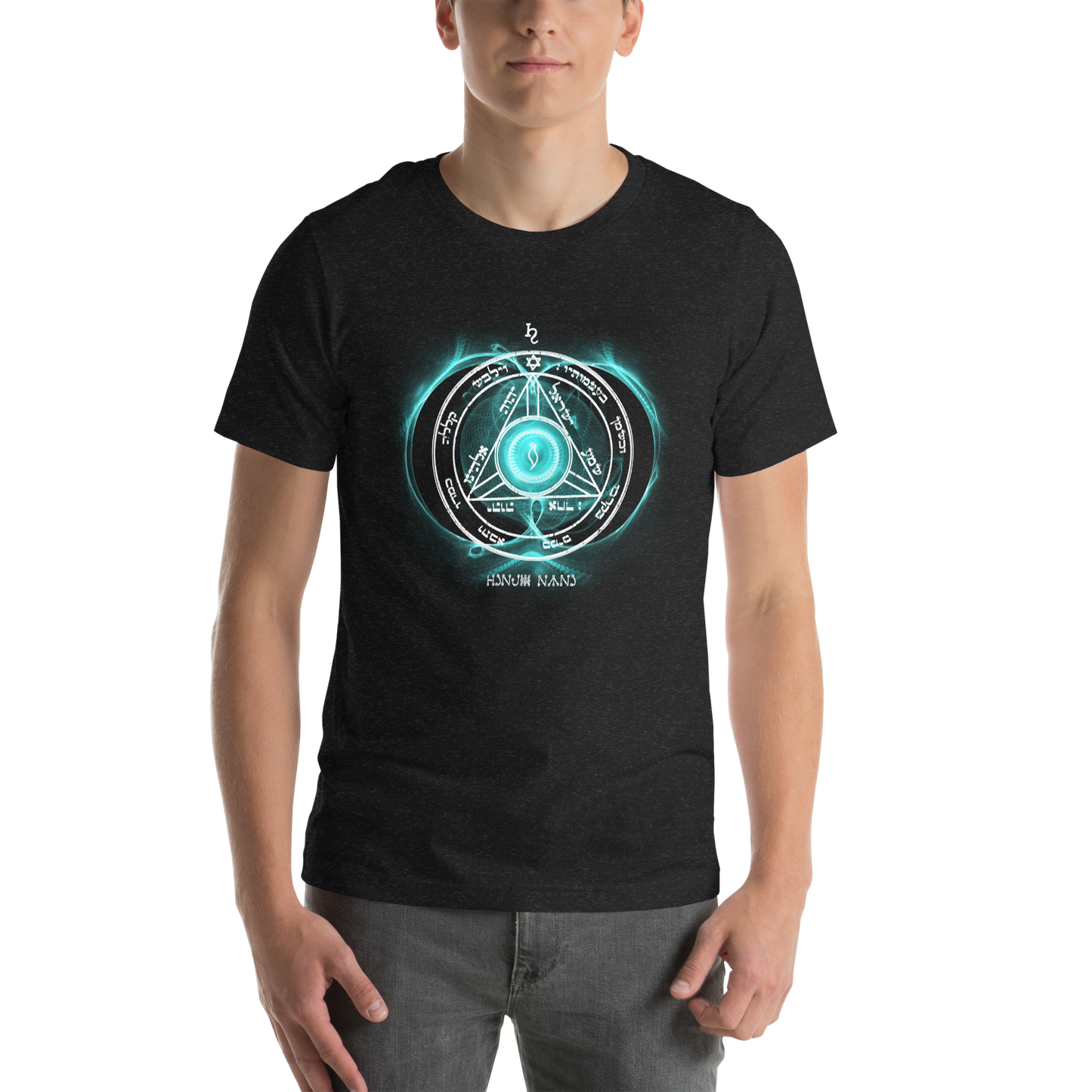 Unisex Saturn Sigil T-Shirt Worn in Urban Setting"
