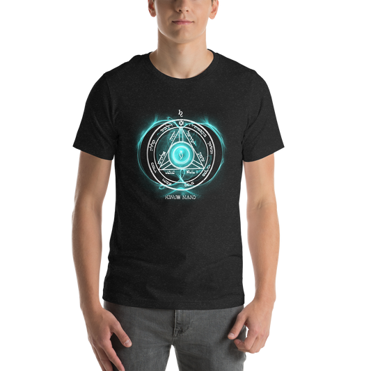 Unisex Saturn Sigil T-Shirt Worn in Urban Setting"