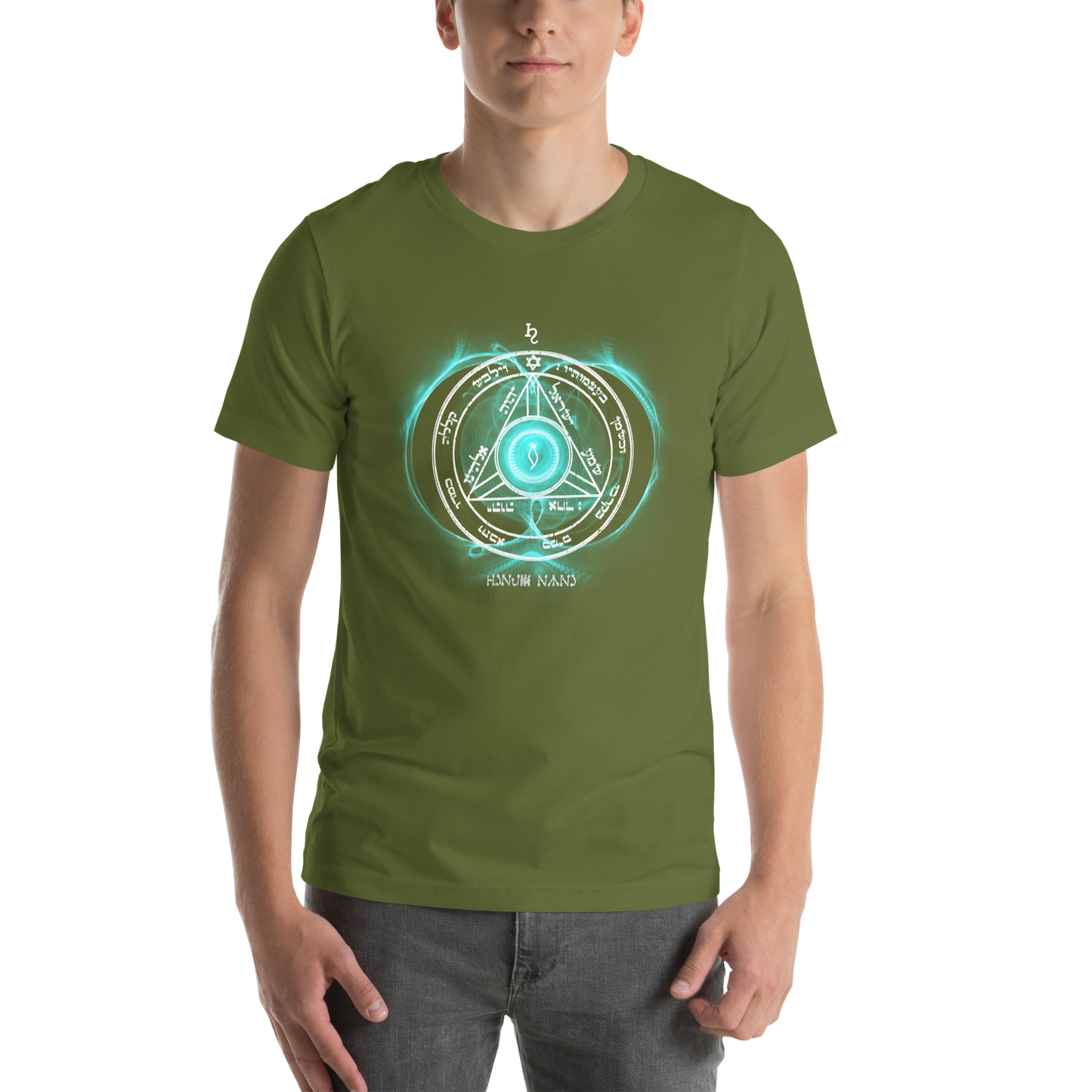 Unisex Saturn Sigil T-Shirt Worn in Urban Setting"