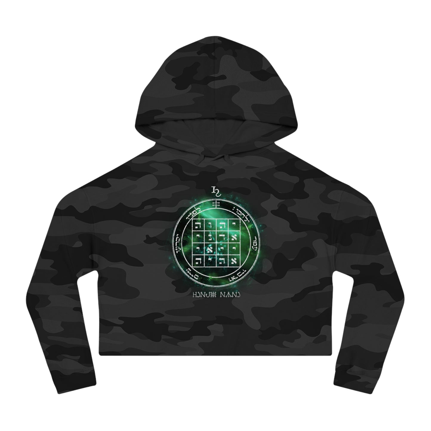 Black cropped hoodie with 1st Pentacle of Saturn command sigil