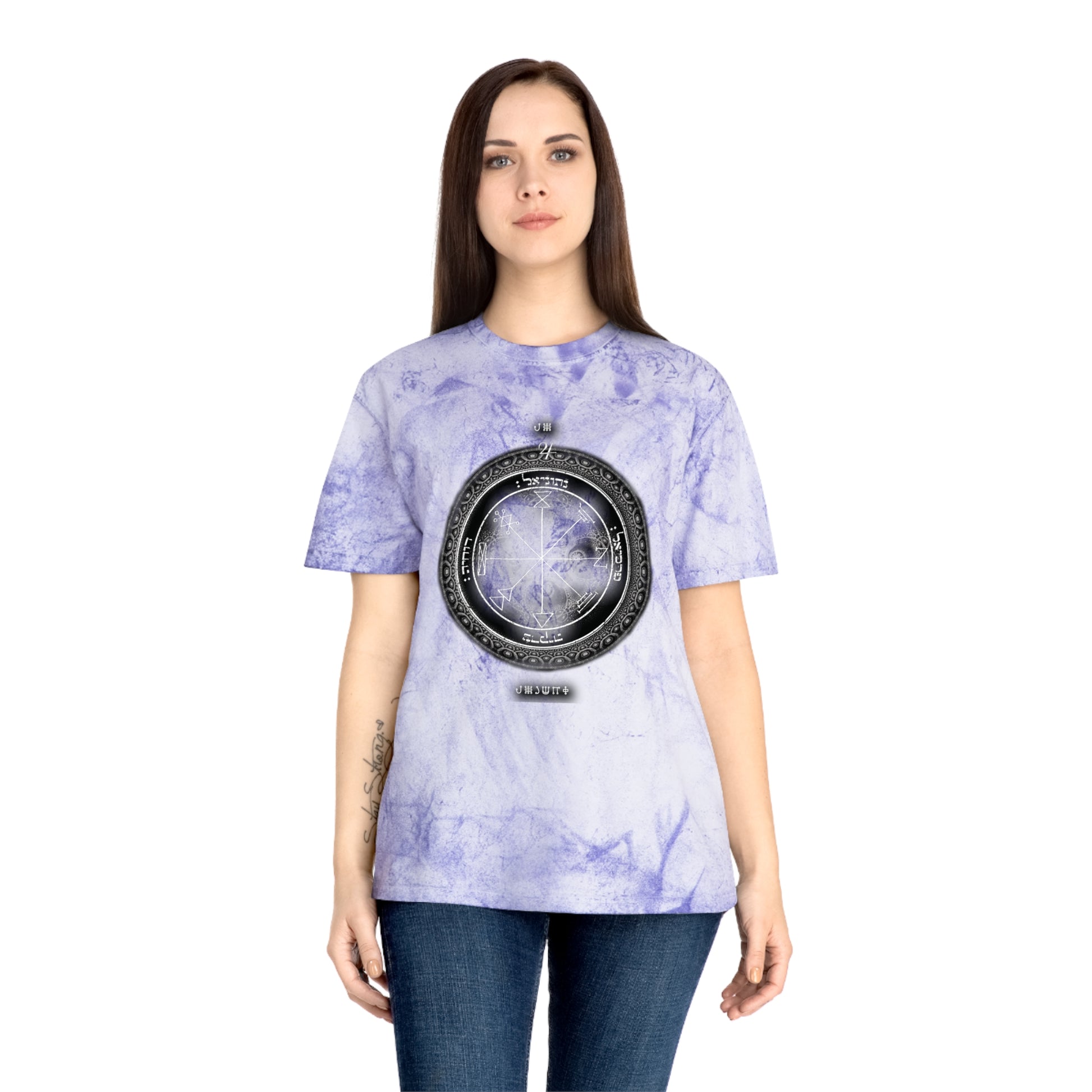 Person wearing 1st Pentacle Jupiter color blast tee at work or meditation