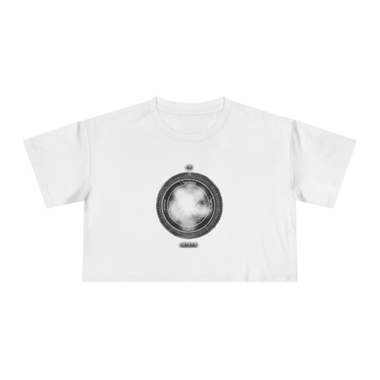 Model wearing wealth-attracting crop top with sacred Jupiter symbol