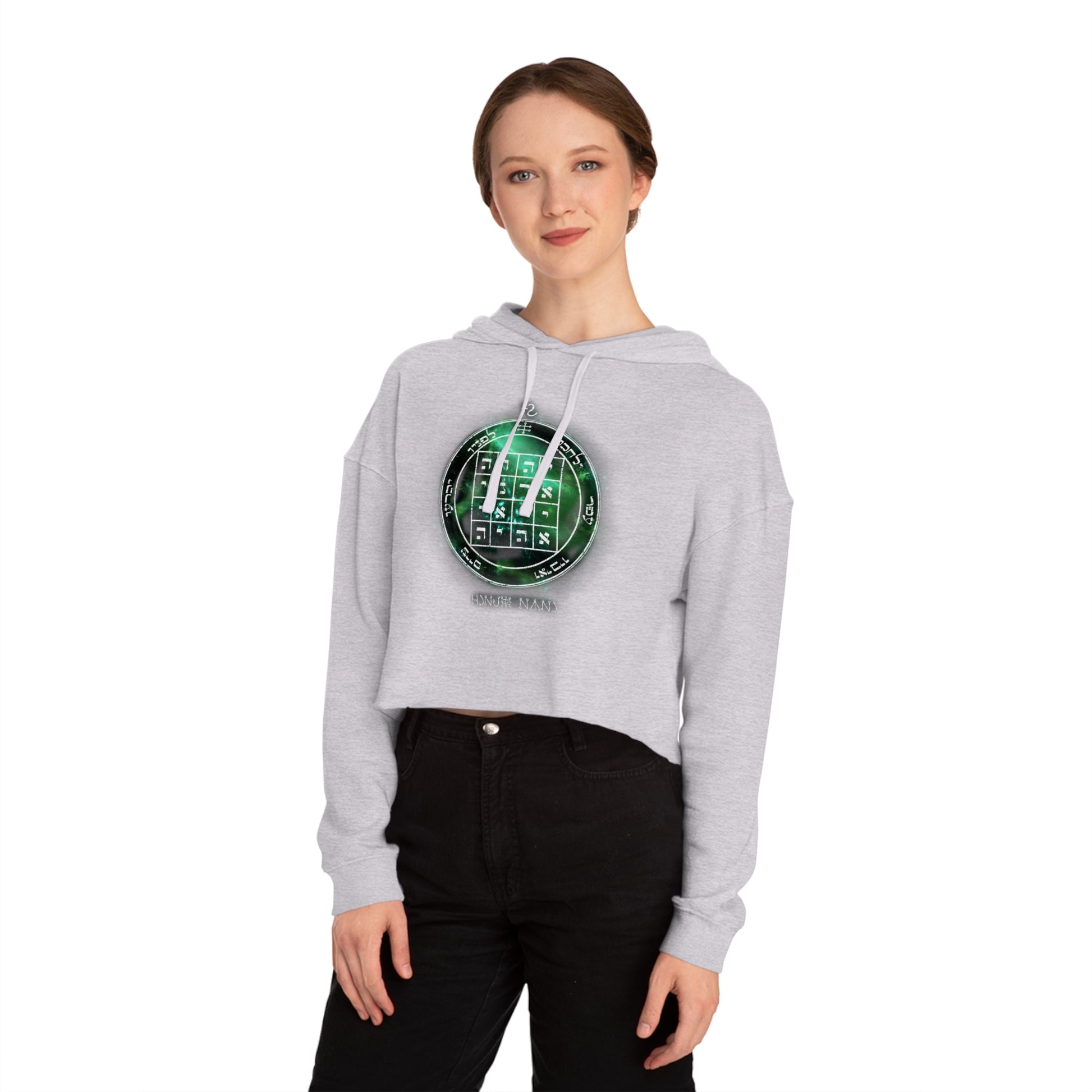 Black cropped hoodie with 1st Pentacle of Saturn command sigil