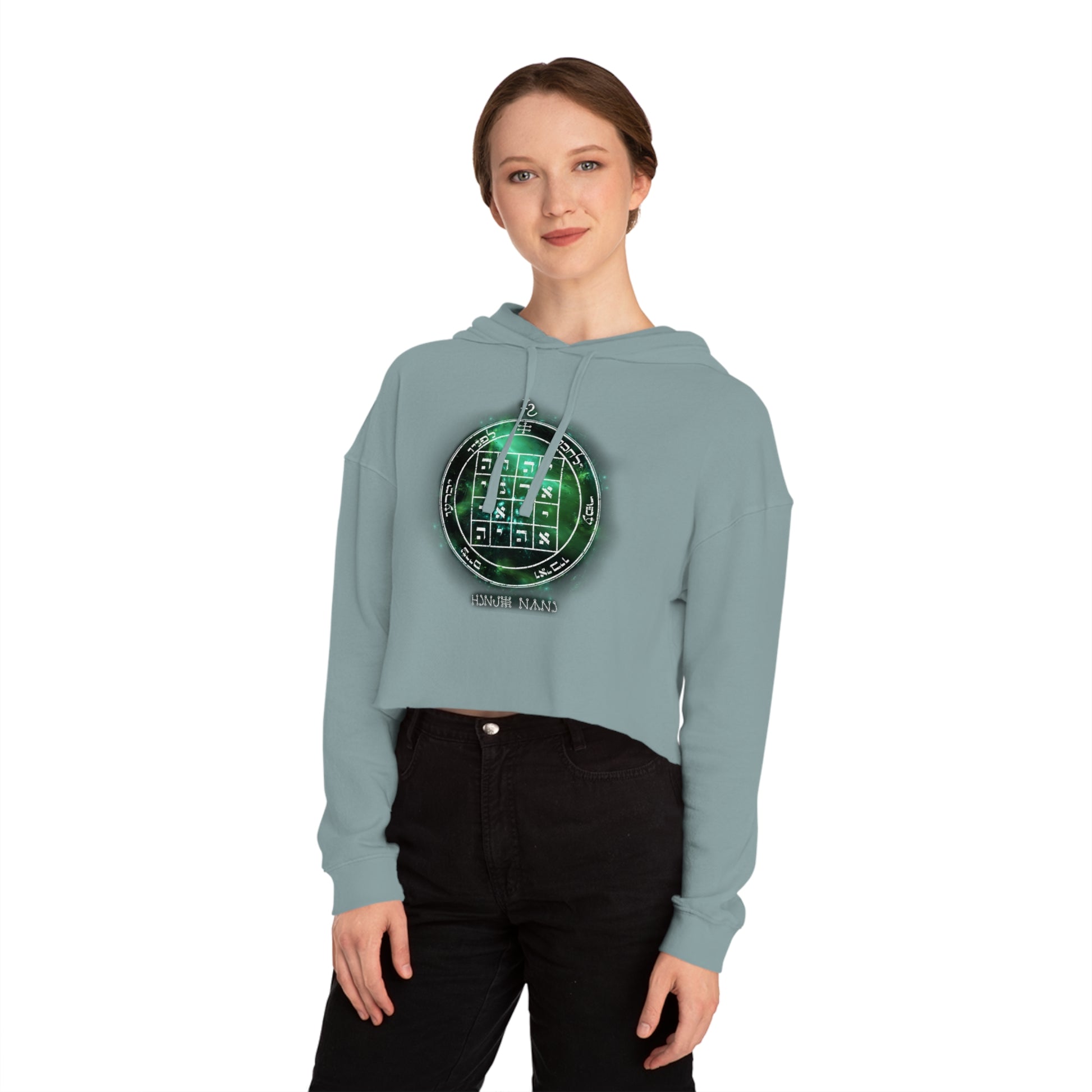 Black cropped hoodie with 1st Pentacle of Saturn command sigil