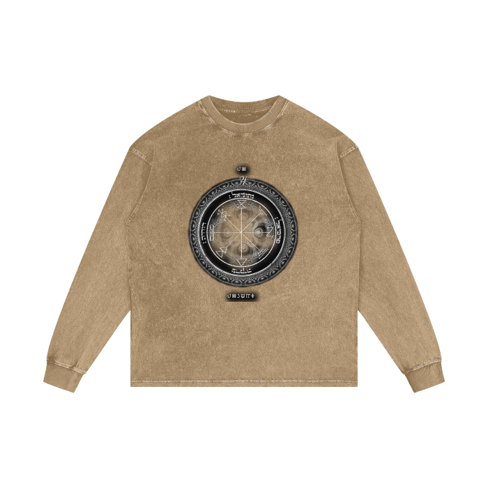 Distressed acid-wash oversized tee with 1st Pentacle of Jupiter wealth sigil print