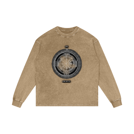 Distressed acid-wash oversized tee with 1st Pentacle of Jupiter wealth sigil print