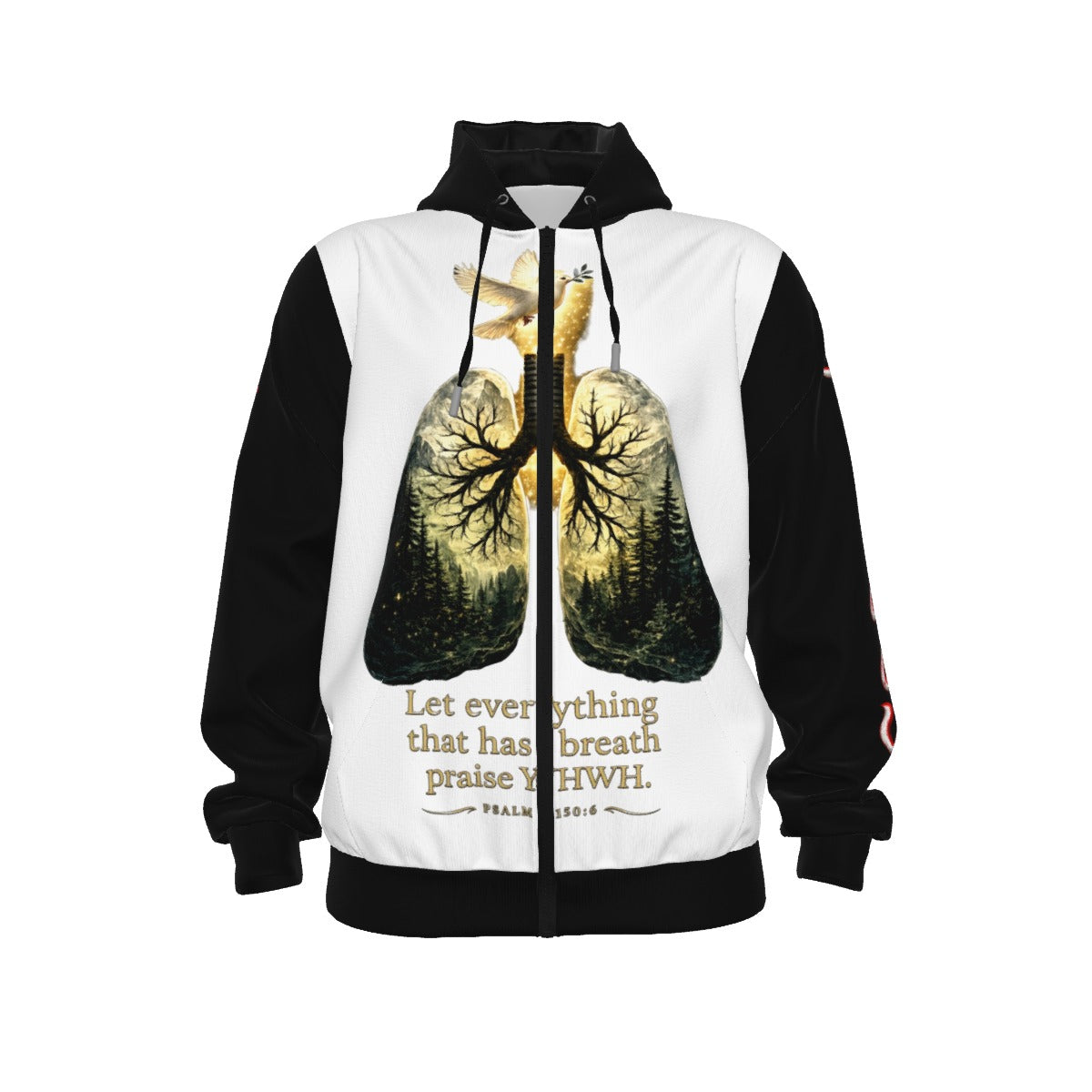 Breath of YHWH White & Black All-Over Print Unisex Pullover Hoodie With Zipper Closure