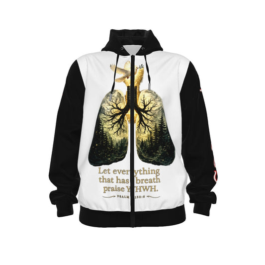 Breath of YHWH White & Black All-Over Print Unisex Pullover Hoodie With Zipper Closure