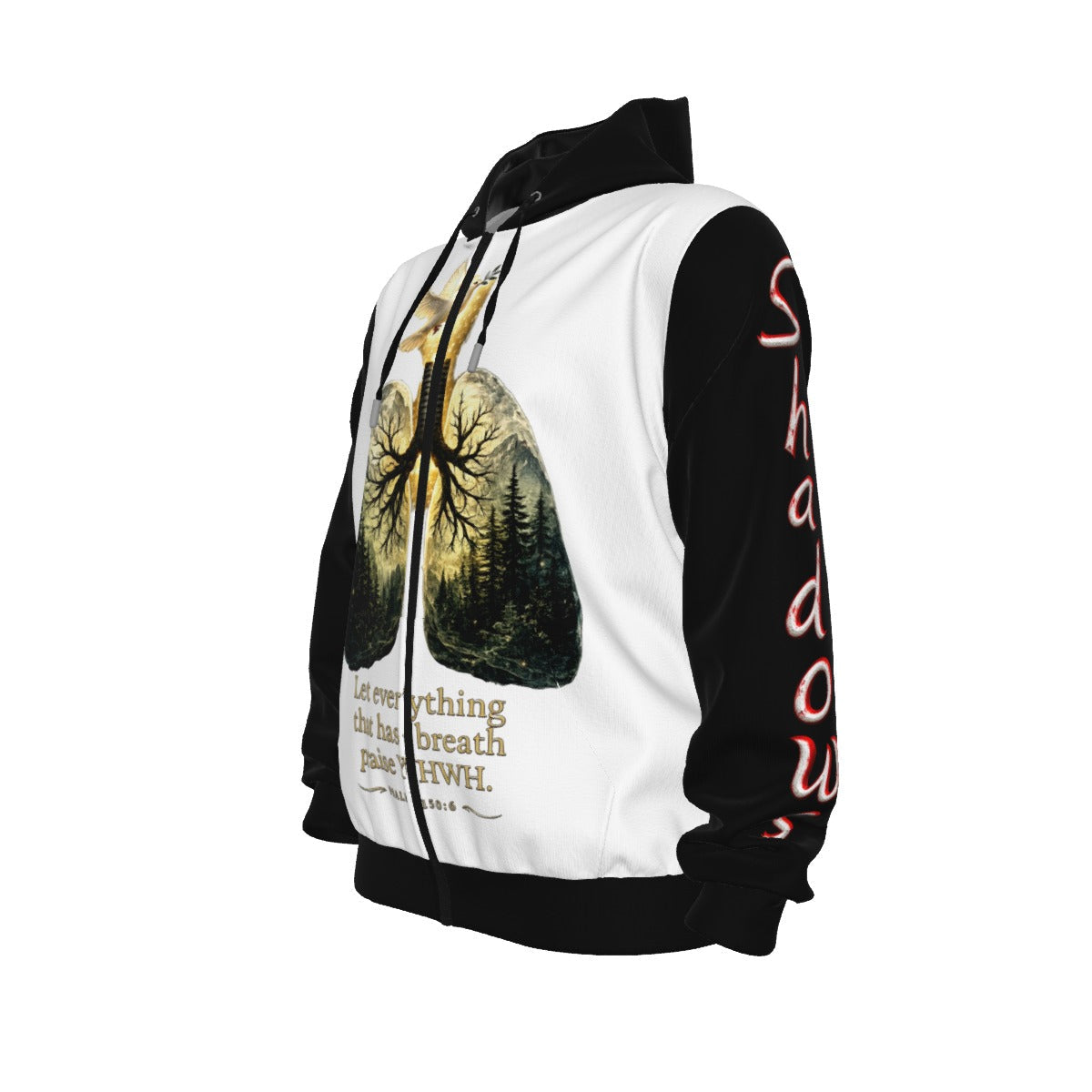 Breath of YHWH White & Black All-Over Print Unisex Pullover Hoodie With Zipper Closure