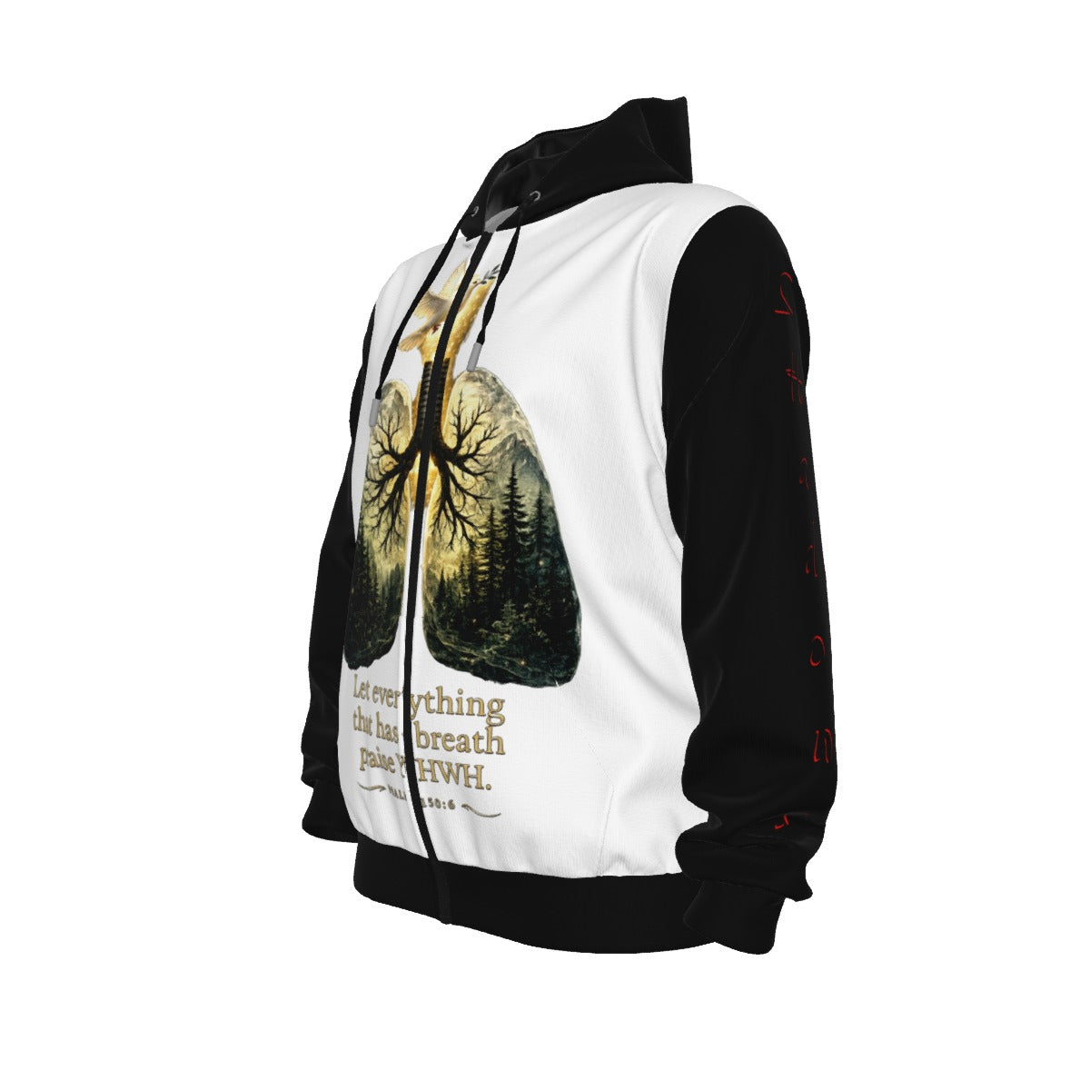 Breath of YHWH White & Black All-Over Print Unisex Pullover Hoodie With Zipper Closure