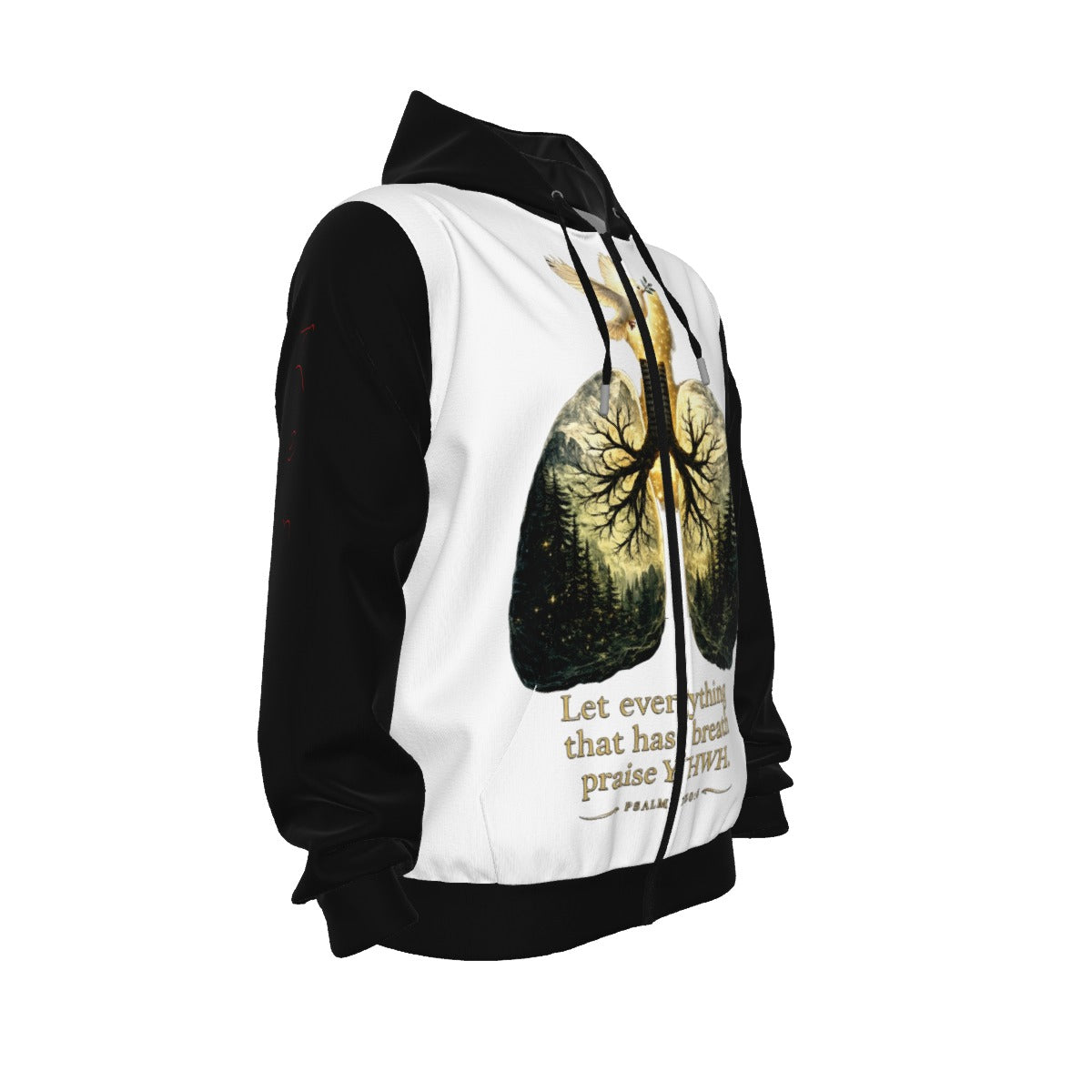 Breath of YHWH White & Black All-Over Print Unisex Pullover Hoodie With Zipper Closure