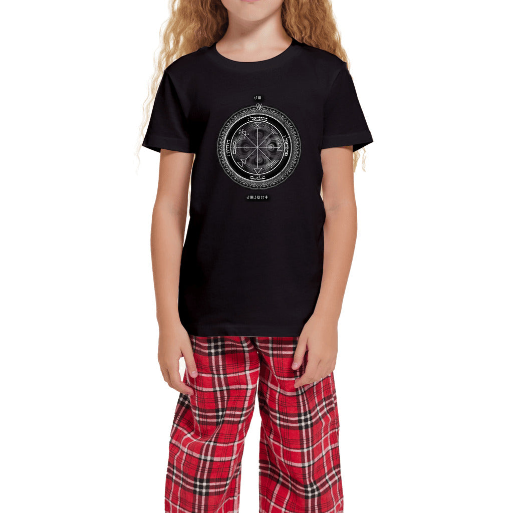 Child wearing Jupiter prosperity short sleeve top and flannel pants